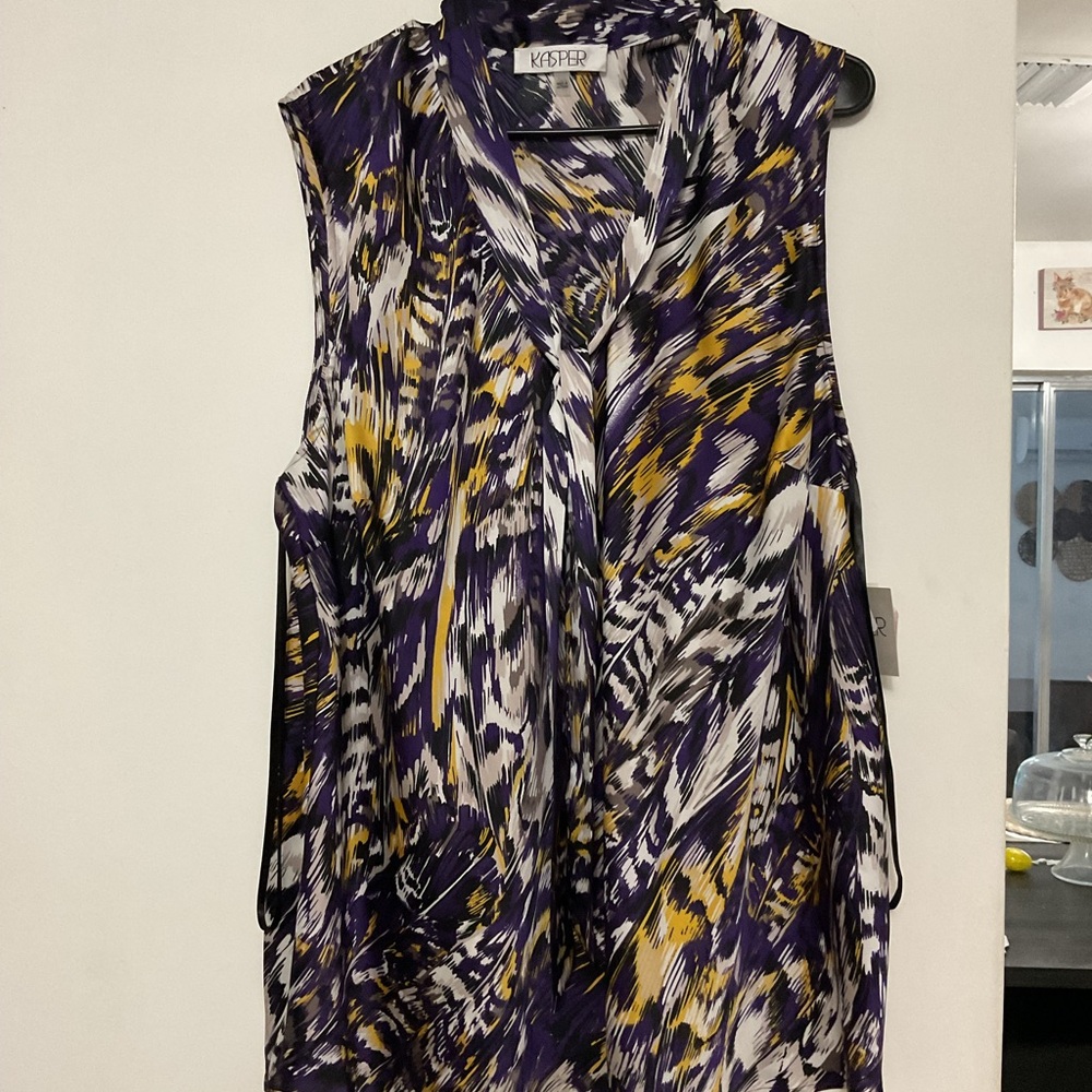 Kasper Purple Yellow Abstract Print Sleeveless Top